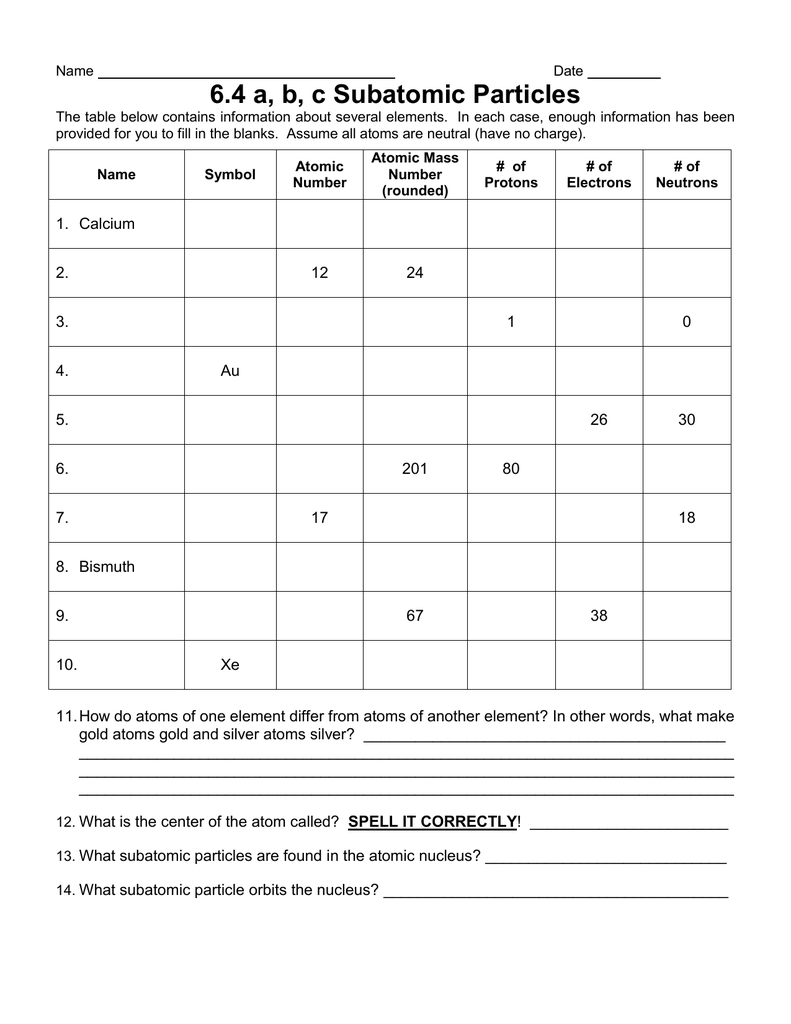 11.11 a, b, c Subatomic Particles Throughout Subatomic Particles Worksheet Answers