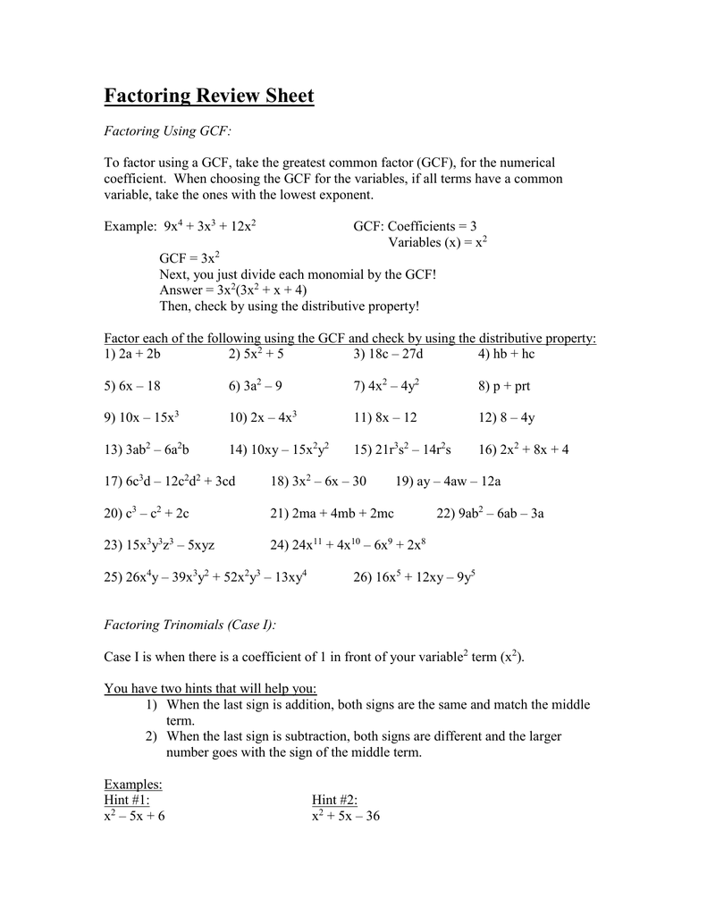 Factoring Review Sheet Intended For Factoring Special Cases Worksheet