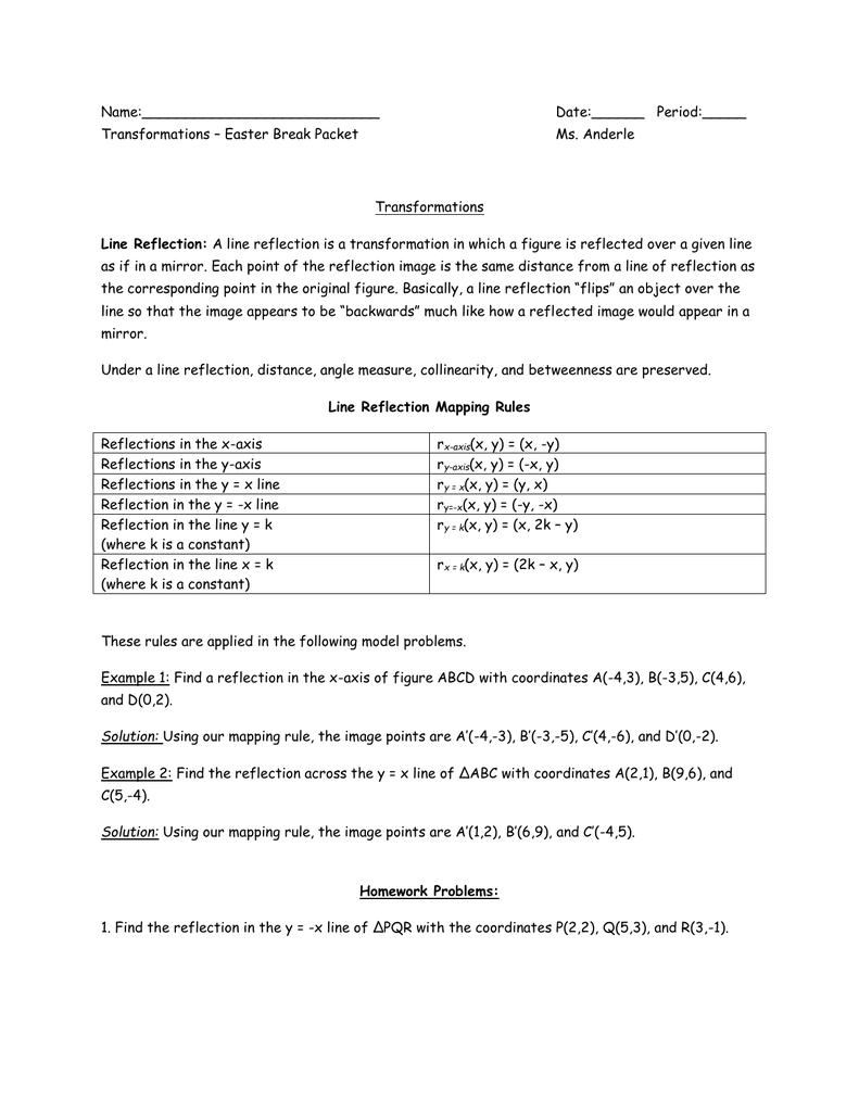 Name Date Period Transformations Easter Break Packet