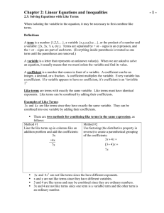 Chapter 2: Linear Equations and Inequalities  - 1 -