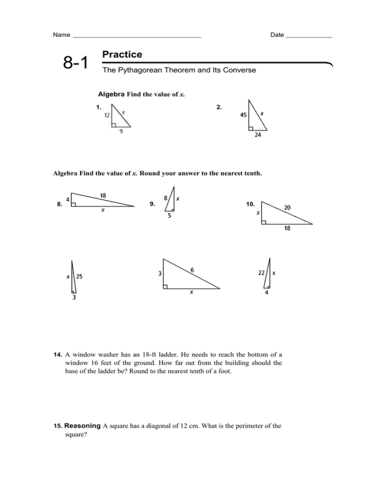 8 1 Practice The Pythagorean Theorem And Its Converse