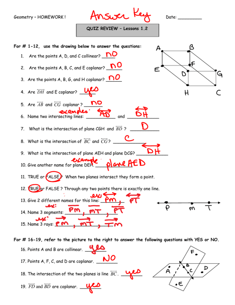 Lesson 11 Points Lines and Planes Answers
