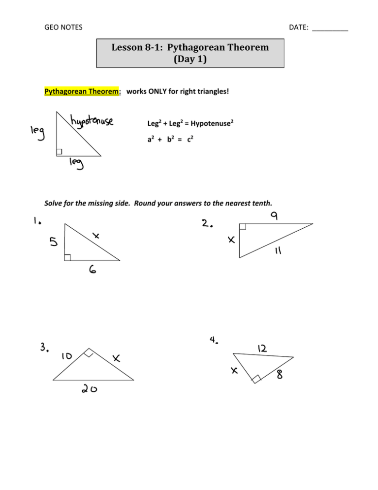 Lesson 8 1 Pythagorean Theorem Day 1 GEO NOTES