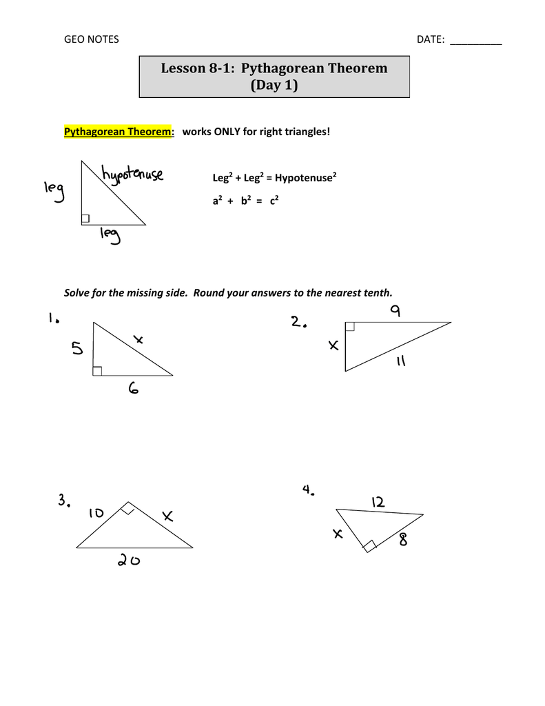 Lesson 25-25: Pythagorean Theorem (Day 25) GEO NOTES Within Pythagorean Theorem Word Problems Worksheet