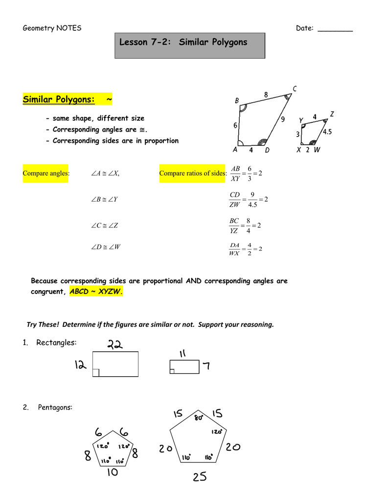 Lesson 200-20: Similar Polygons Similar Polygons: ~ Throughout Similar Polygons Worksheet Answers