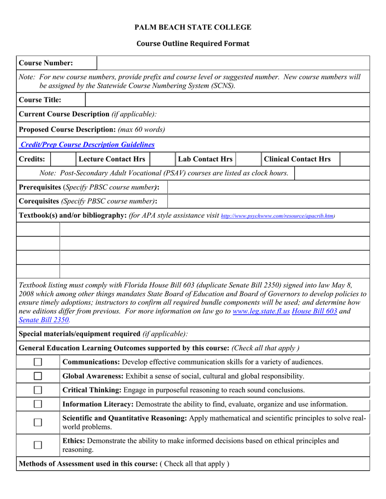 PALM BEACH STATE COLLEGE Course Outline Required Format Course Number 