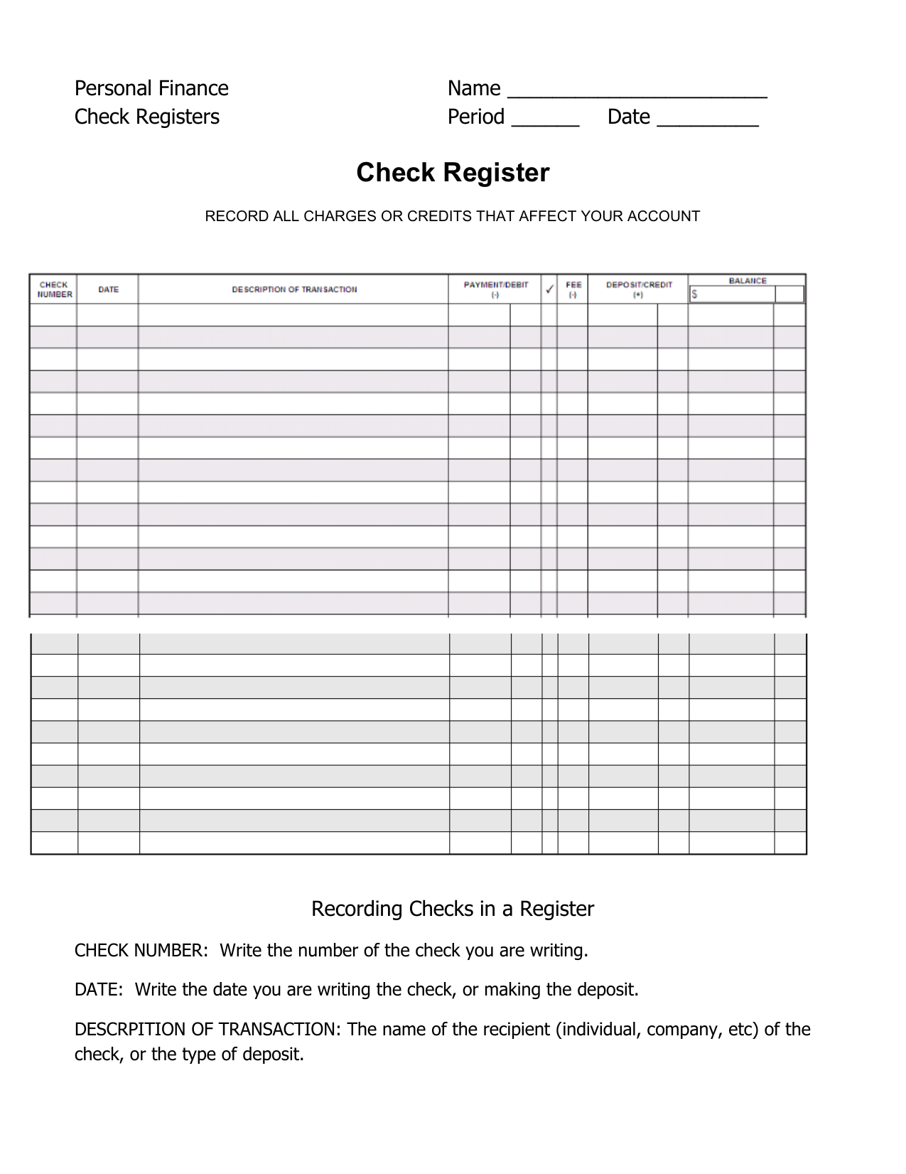 Check Register Inside Checkbook Register Worksheet 1 Answers