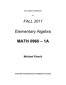 Elementary Algebra  – 1A MATH 0960