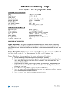 Metropolitan Community College &ndash; 2014-15 Spring Quarter (14/SP) Course Syllabus COURSE IDENTIFICATION