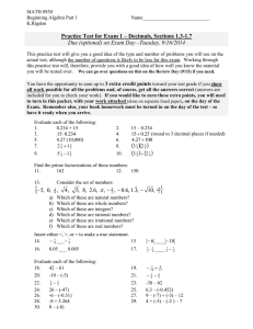 Practice Test for Exam 1 – Decimals, Sections 1.3-1.7