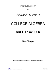 COLLEGE ALGEBRA  MATH 1420 1A SUMMER 2010