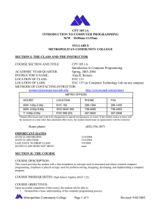 CPT 105 1A INTRODUCTION TO COMPUTER PROGRAMMING M/W · 10:00am-11:55am