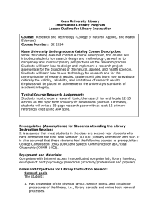 Kean University Library Information Literacy Program Lesson Outline for Library Instruction Course: