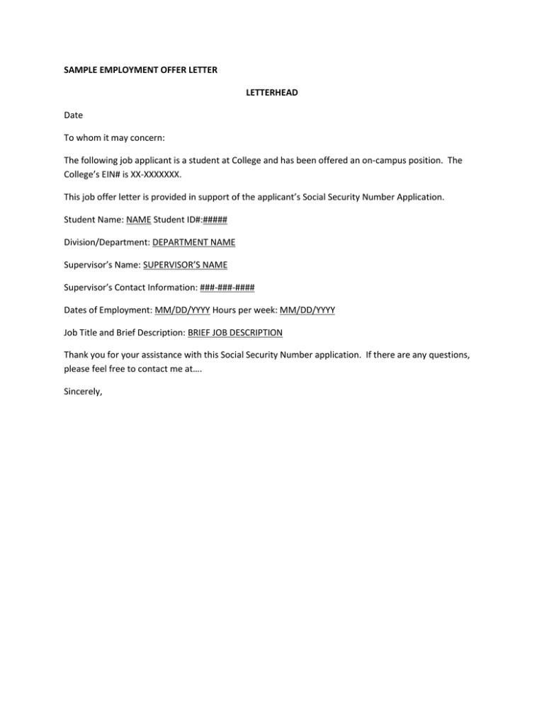 Sample Employment Offer Letter Letterhead Date To Whom It May Concern
