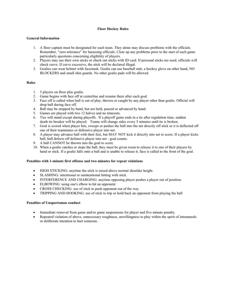Floor Hockey Rules General Information