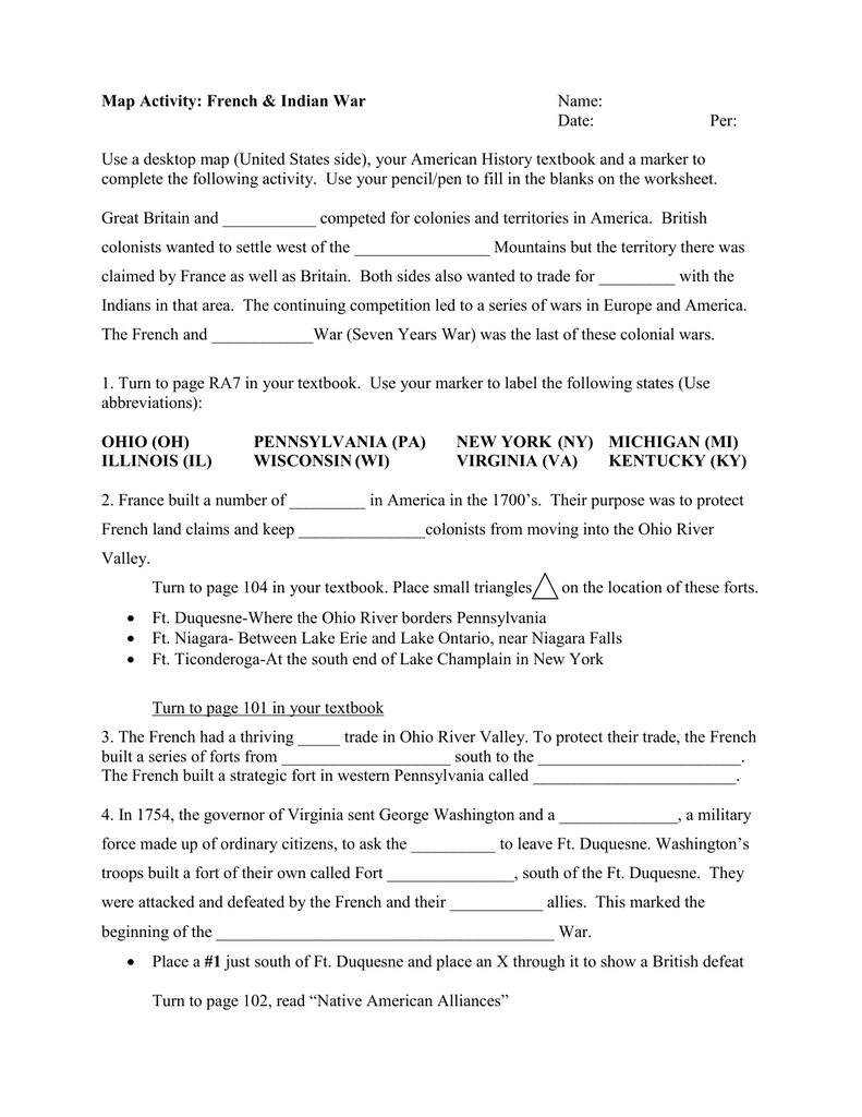 French And Indian War Worksheet