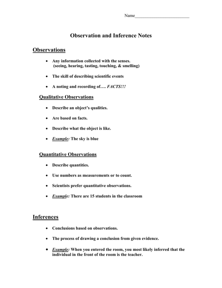 Observation And Inference Notes Observations