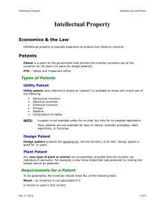 Intellectual Property Economics &amp; the Law Patents Types of Patents