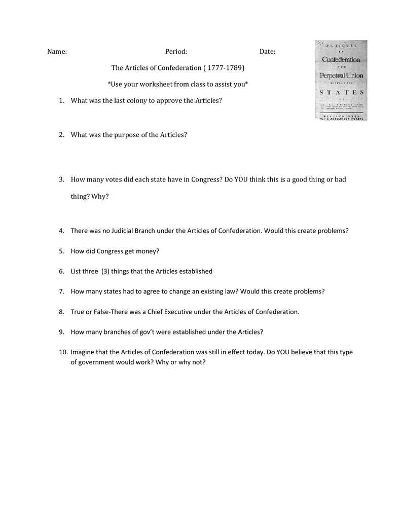 Name: Period: Date: Within Articles Of Confederation Worksheet Answers