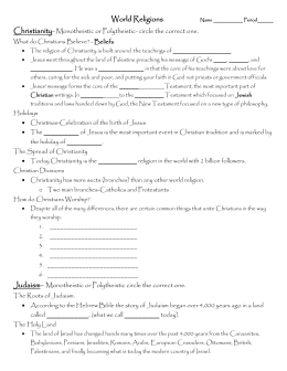 Monotheistic Religions Worksheet