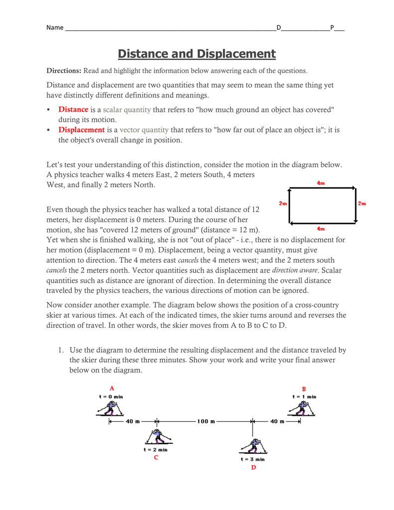 Distance and Displacement For Distance Vs Displacement Worksheet