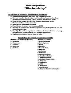 “Biochemistry” Unit 7 Objectives: