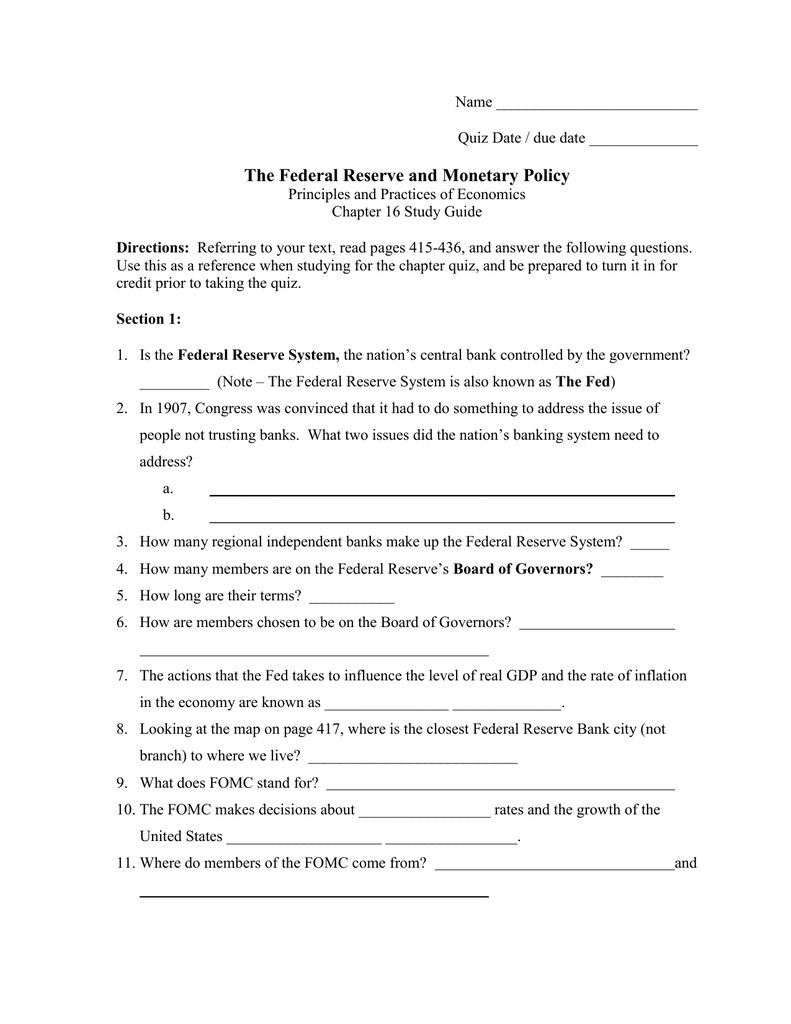 The Federal Reserve and Monetary Policy Intended For Monetary Policy Worksheet Answers