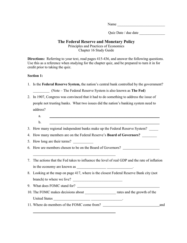 Monetary Policy Worksheet Answers