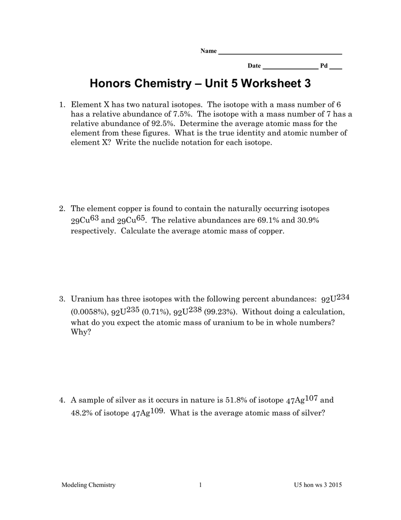 Chemistry Unit 5 Worksheet 1