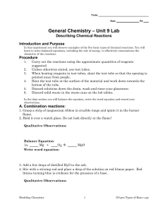 – Unit 9 Lab General Chemistry Describing Chemical Reactions