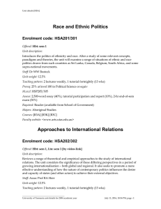 Race and Ethnic Politics Enrolment code: HSA201/301