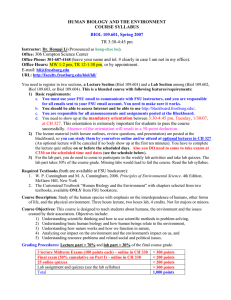 HUMAN BIOLOGY AND THE ENVIRONMENT COURSE SYLLABUS TR 3:30-4:45 pm