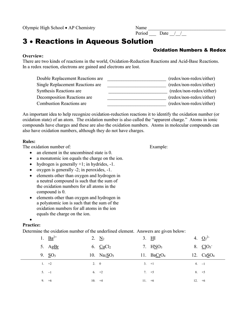 Redox Reactions Practice Problems Determining Oxidation Numbers