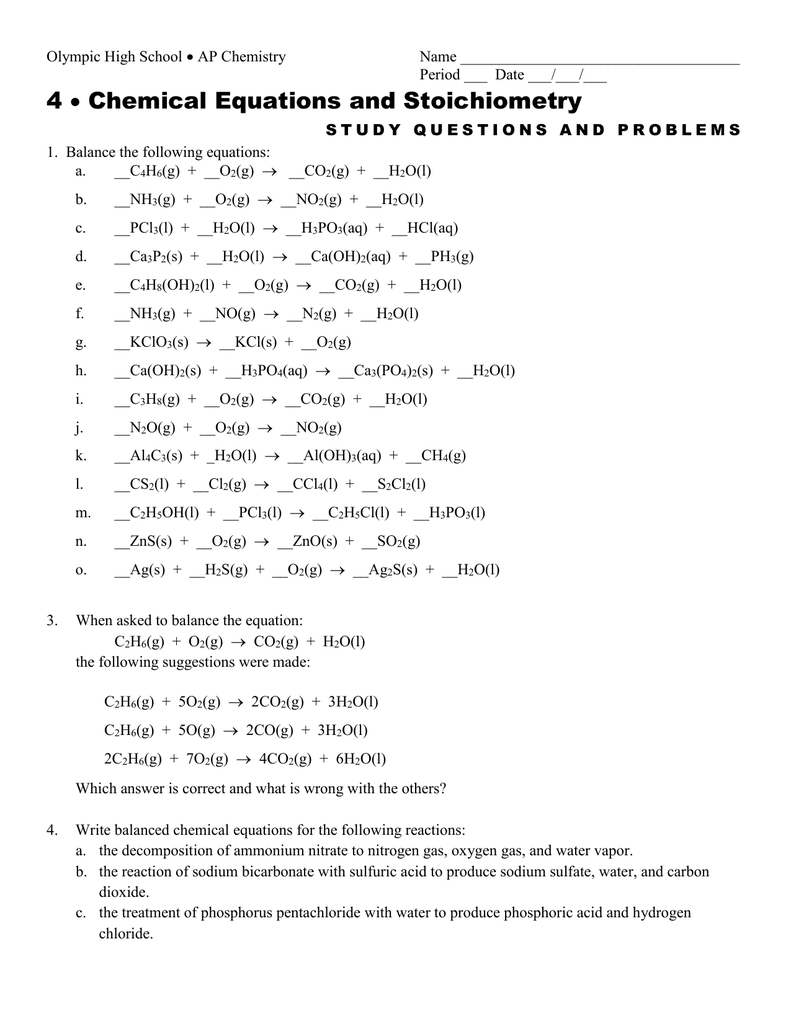 Chemical Equations And Stoichiometry Balancing Equations Worksheet Inside Balancing Equations Worksheet Answer Key