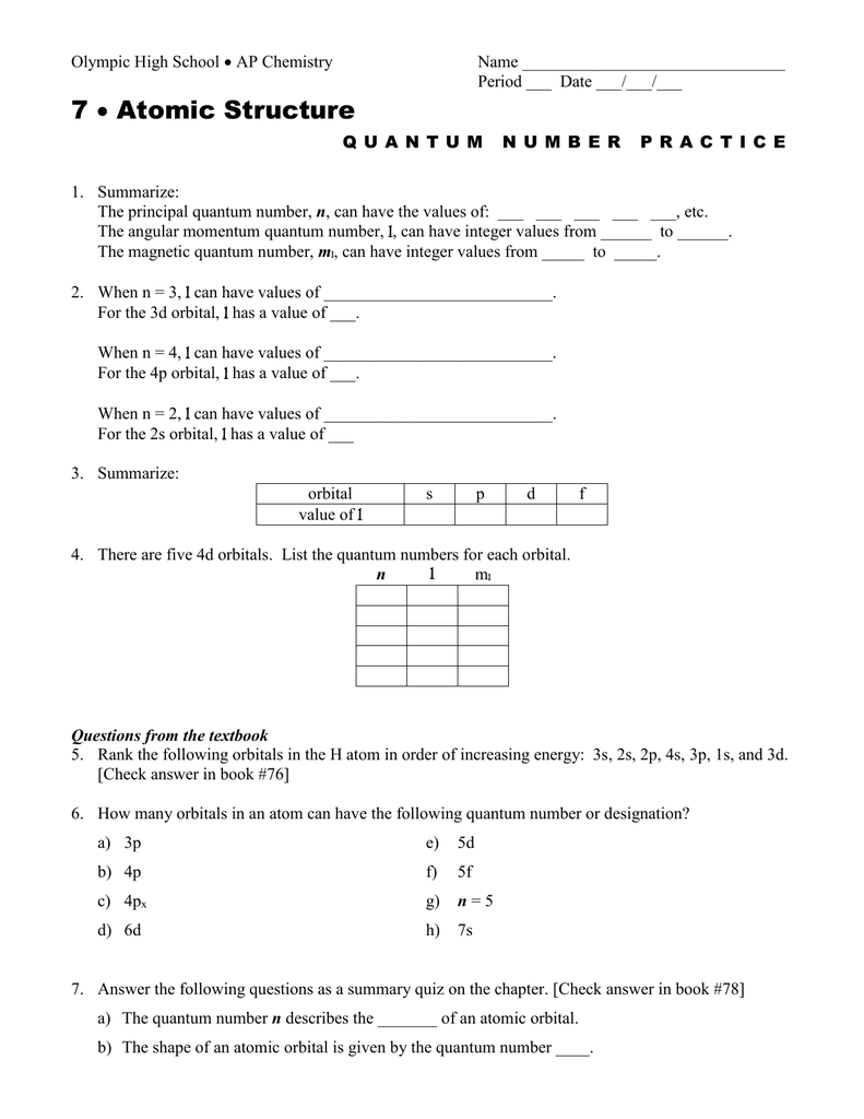 Quantum Numbers Practice Worksheet With Answers Worksheets For