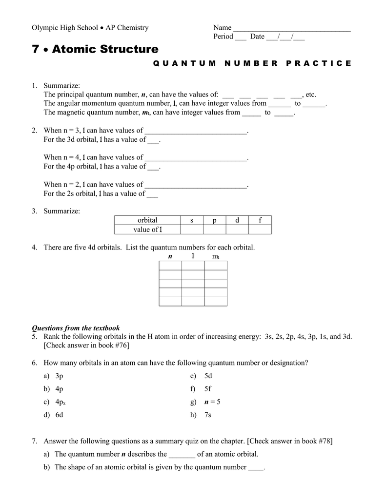 Quantum Numbers Practice Worksheet