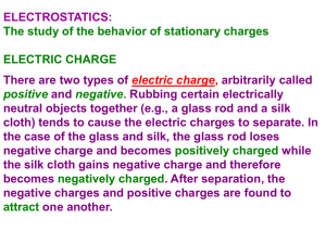 ELECTROSTATICS: The study of the behavior of stationary charges ELECTRIC CHARGE of
