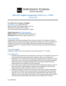 ENC1102: English Composition 1102 (3 cr.) – 21001  Spring  2016