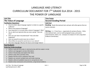 LANGUAGE AND LITERACY CURRICULUM DOCUMENT FOR 7 GRADE ELA 2014 - 2015