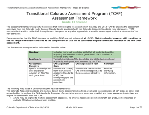 Transitional Colorado Assessment Program (TCAP) Assessment Framework Grade 10 Science