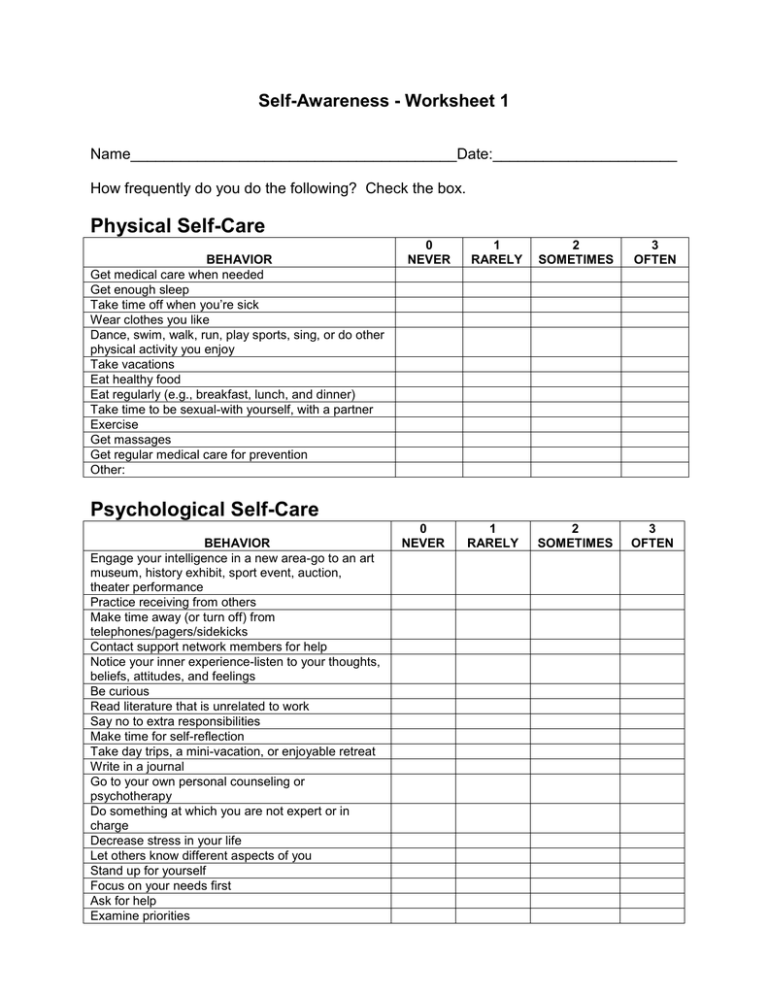 Printable Self Awareness Worksheets pdf