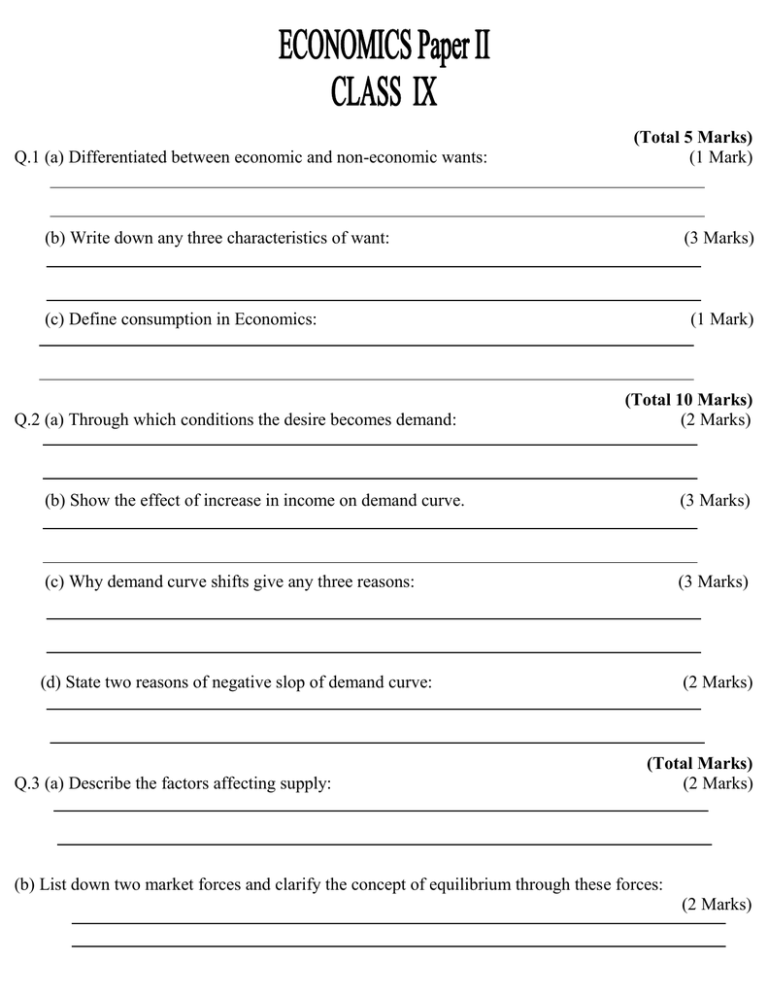 Q 1 A Differentiated Between Economic And Non Economic Wants Total 5 Marks