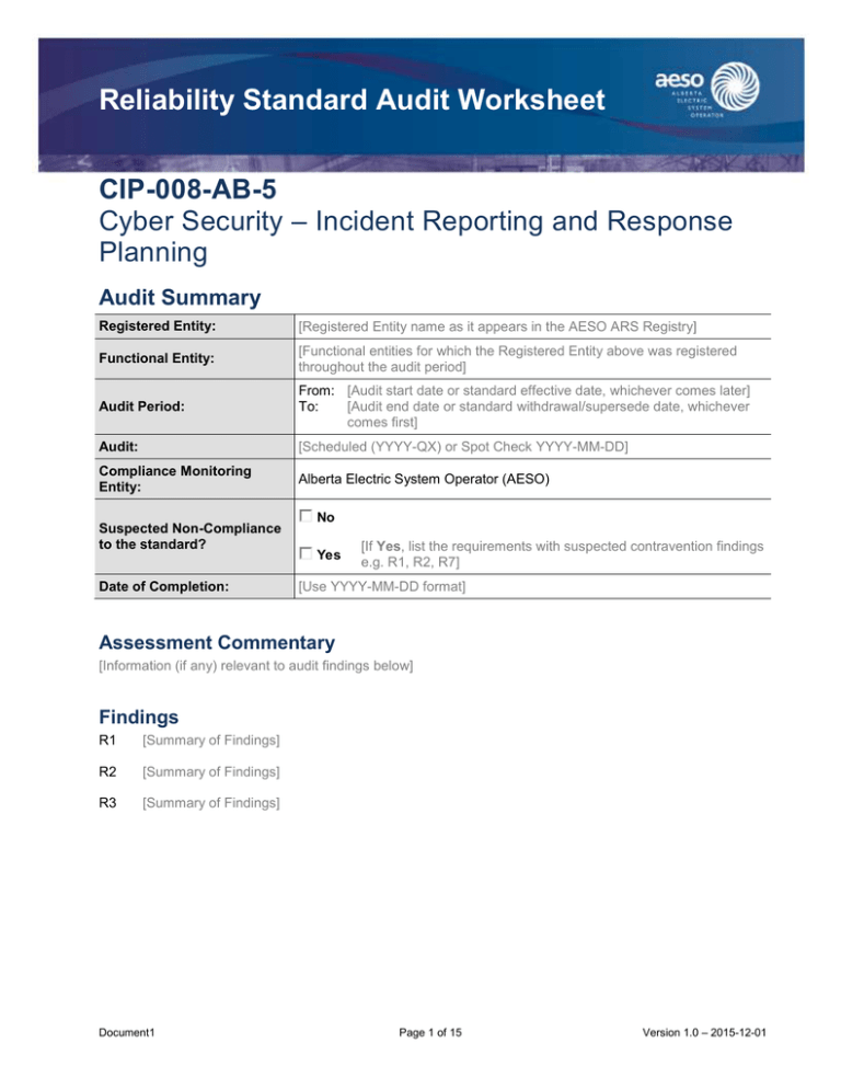 Reliability Standard Audit Worksheet CIP-008-AB-5 Cyber Security ...