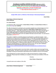 FY 2014-15  SAMPLE OFFER LETTER  (Revised 1-7-2015)