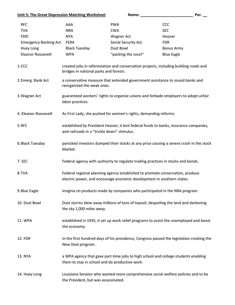 Unit 11: The Great Depression Matching Worksheet RFC Inside The Great Depression Worksheet