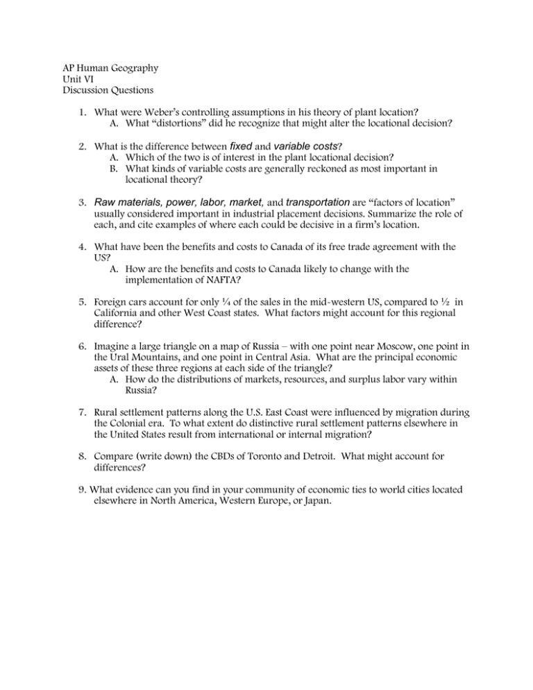 AP Human Geography Unit VI Discussion Questions