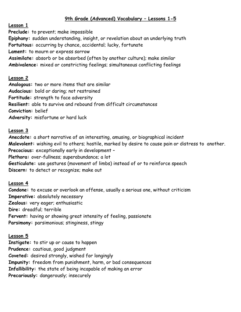 11111111th Grade (Advanced) Vocabulary – Lessons 1111-1111 Lesson 1111 Preclude: Inside 9th Grade Vocabulary Worksheet