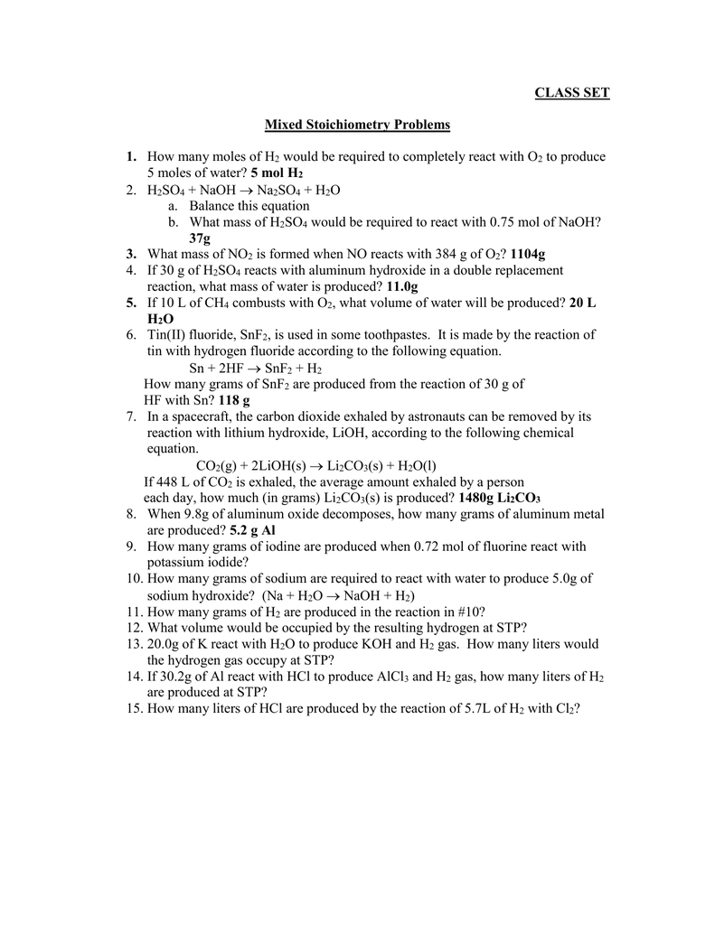 CLASS SET Mixed Stoichiometry Problems 1 