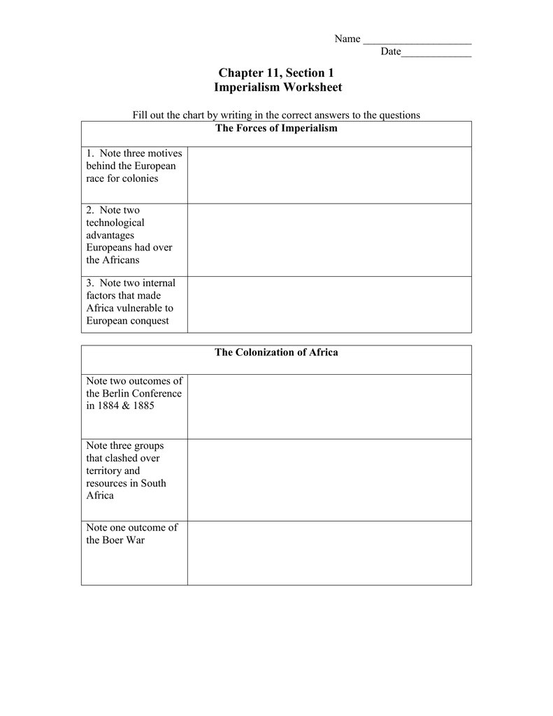 Chapter 11 Section 1 Imperialism Worksheet