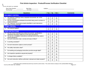 First Article Inspection:  Product/Process Verification Checklist